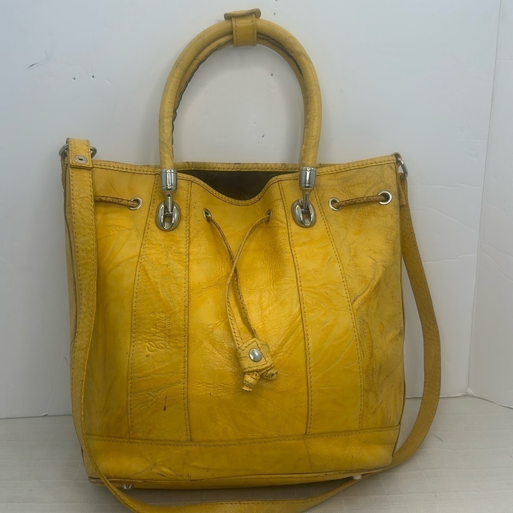 Cristina Italy real leather happy sunny yellow drawstring bucket bag w/strap
